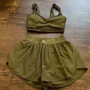 Alo Olive Green Sports Bra and Shorts Set